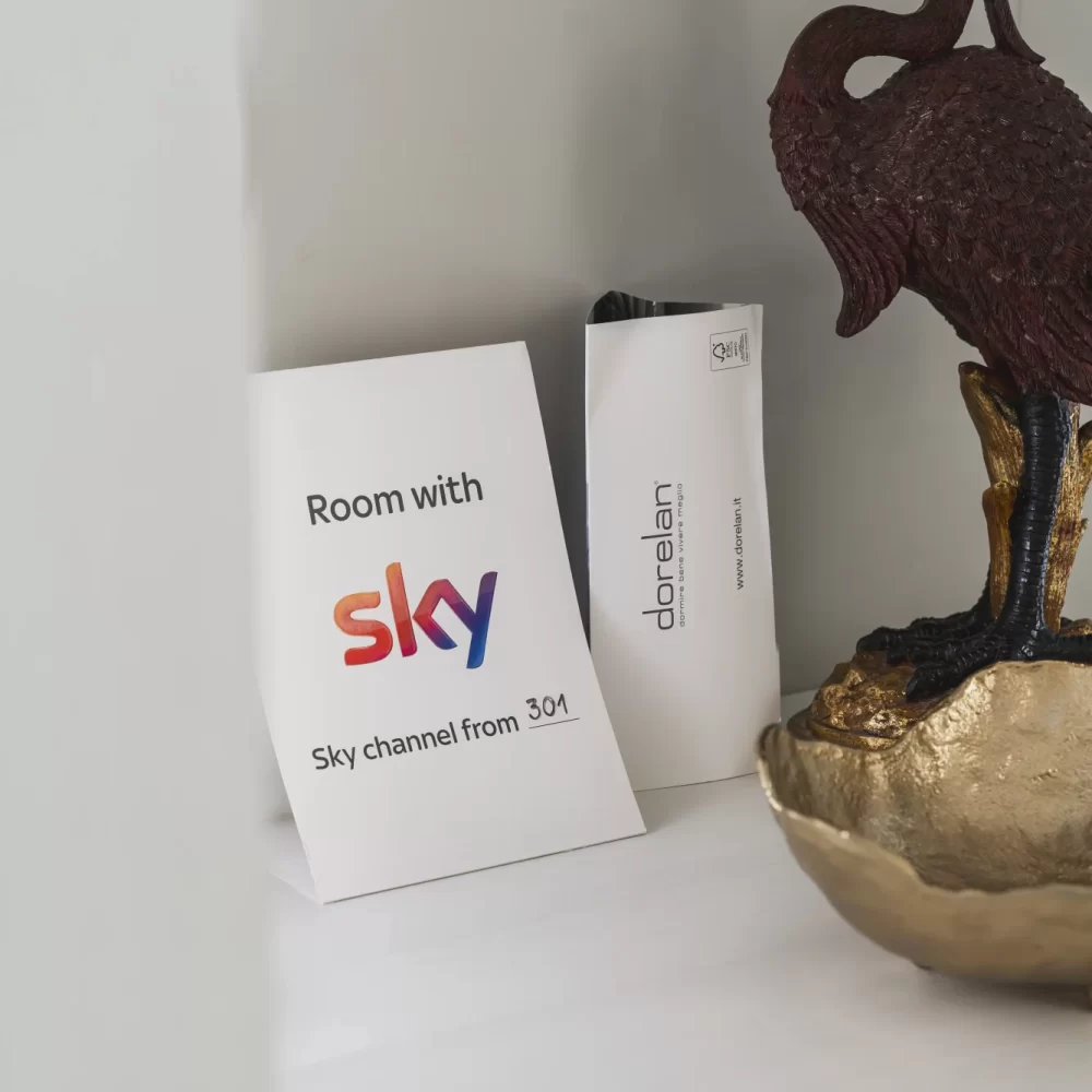 Segnaposto promozionale di Sky accanto a una statuetta decorativa di un uccello.