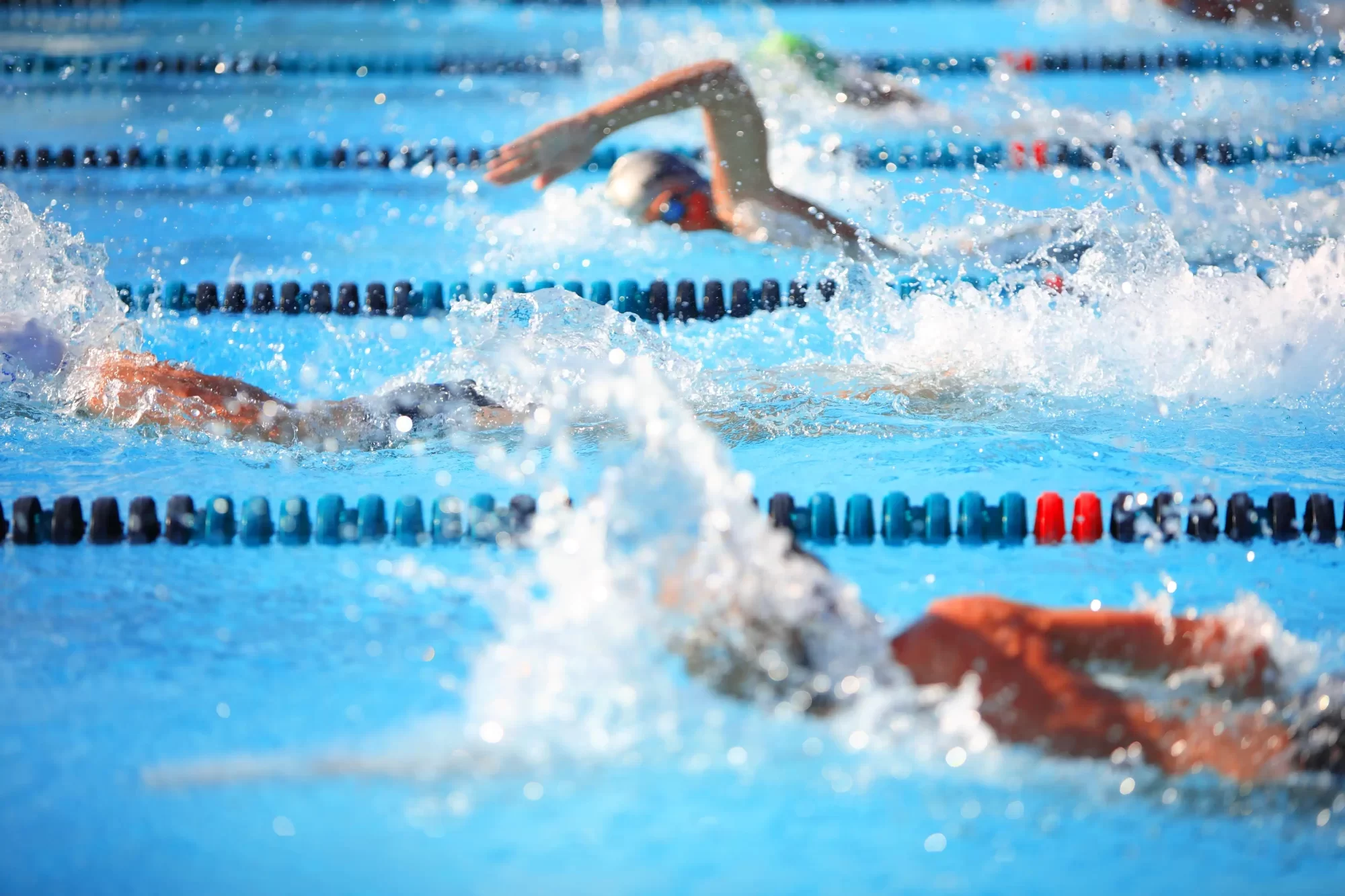 Nuotatori in gara in una piscina all'aperto.