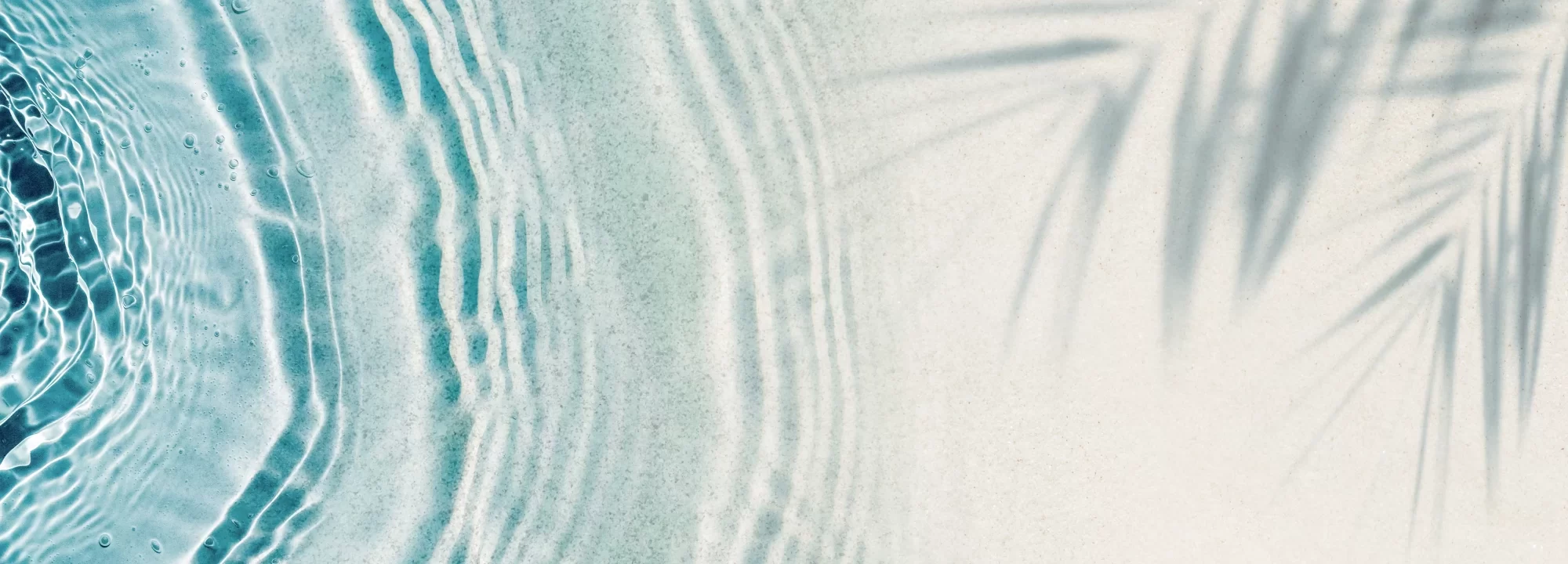 Ombre di foglie di palma su una superficie d'acqua increspata e sabbia.